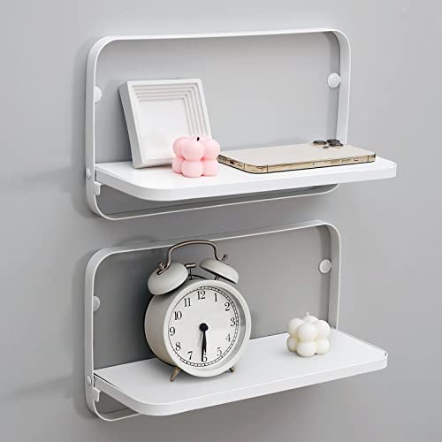 WELLAND White Floating Shelves Set of 2, Small Fold Down Wall Shelf Folding Display Wall Shelves for RV, Camper, Loft, Bedside | White Wooden Board & Metal Frame | 12" W x 5" D x 7" H - color: White+white
