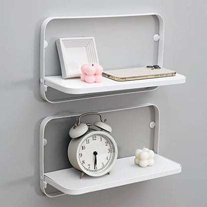 WELLAND White Floating Shelves Set of 2, Small Fold Down Wall Shelf Folding Display Wall Shelves for RV, Camper, Loft, Bedside | White Wooden Board & Metal Frame | 12" W x 5" D x 7" H - color: White+white