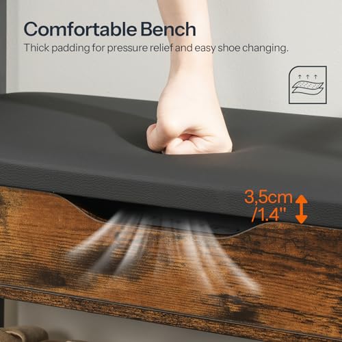 HOOBRO Hall Tree with Bench, Shoe and Coat Rack for Entryway, Coat Rack with Bench, Flip Top Storage Box, PU Cushioned Seat, Non-Woven Fabric Drawer, for Entrance, Rustic Brown and Black BF110MT01 - color: Rustic Brown + Black