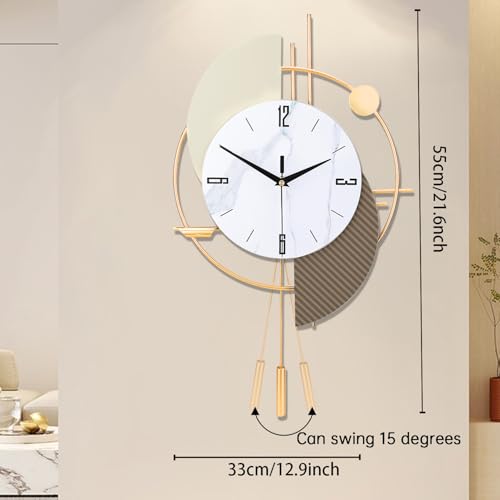 FILLOVE Large Decorative Wall Clock with Pendulum for Living Room, Matte White Half Circle & Gray Striped Scalloped, White Marble Dial, Silent for Living Room, Bedroom, Study, Office - color: Glod&gray