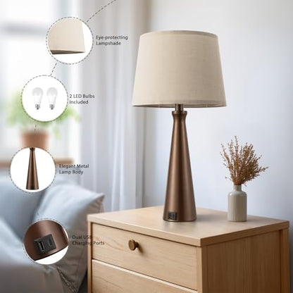 Modern Touch Lamps for Nightstand, 3 Way Dimmable Bedroom Lamp Set of 2 | USB C+A Charging Ports, Brown Bedside Lamps for Bedroom, Living Room, End Table, Bed Side, LED Bulb Included - color: F. Brown Base-Oat Shade