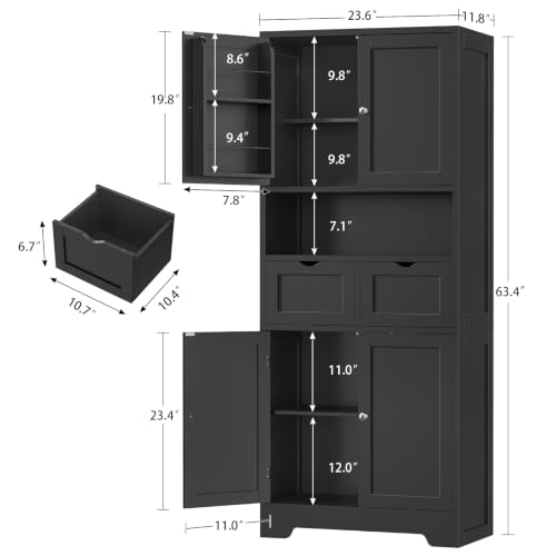 Kitchen Pantry Cabinet with Adjustable Shelf, Tall Storage Cabinet with 2 Drawers & 4 Door Shelves, Food Pantry Cabinets, for Kitchen, Dining Room, Living Room, Black - color: Black