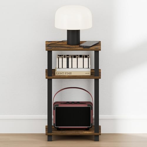 Furinno JUST Night Stnad, 3-Tier Nightstand Open Shelf, Toolless Assembly Bedside Table, End Table, Side Table, with Square Tube, for Living Room, Bedroom, Amber Pine - color: Amber Pine/Black, size: 3-Tier, Square Tubes