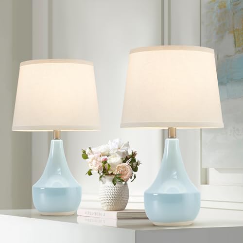 18" Table Lamp Set of 2, Ceramic Lamp Classic Beside Lamps Nightstand Lamp Modern Cute Lamp for Living Room, Bedroom & Office Rocker Switch Sky Blue-LED Bulbs Included - color: 18.63" Blue