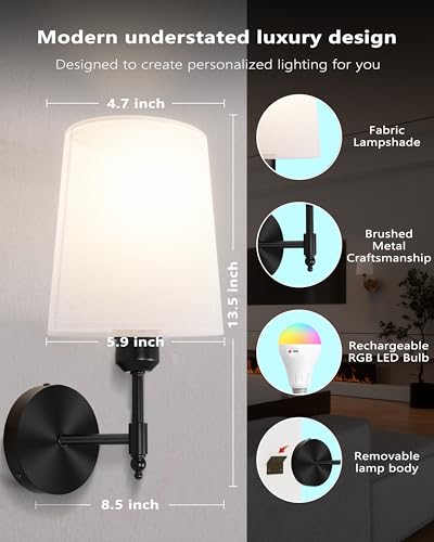 Battery Operated Wall Sconces Set of 2, Wireless Rechargeable Dimmable Wall Light with 5600mAh RGB Bulb and Remote for Bedroom, Living Room, Hallway, Black, 13.5in - color: Black, size: 13.5 Inch Set of 2