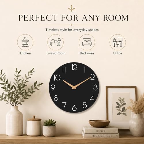 cicininc 12 Inch Battery Operated Wall Clock, Silent Analog, Black | Kitchen | Office | Bedroom | Modern Style | Easy-to-read Numbers - color: C_black, size: 12"