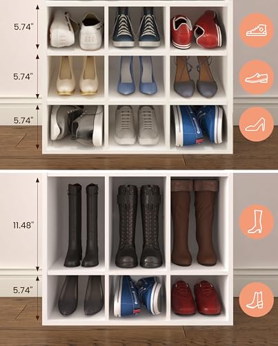 HAIOOU Shoe Cubby, 9-Cube Stackable Wood Shoe Rack Organizer 24 Inch, White | 5-Tier Freestanding Shoe Stand with 2 Storage Shelf, Holds 10-15 Pairs, Ideal for Apartment, Entryway, Closet Organization