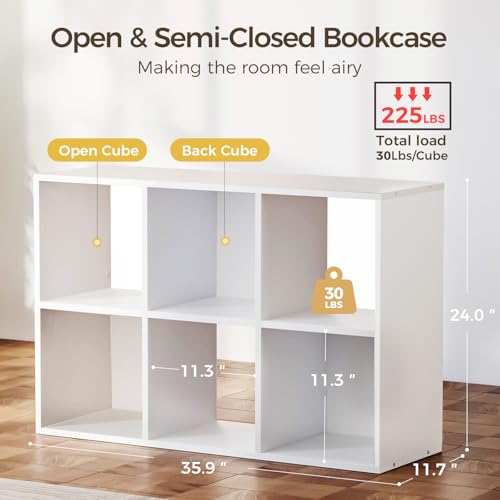COMHOMA 6 Wood Cube Storage Organizer with Open Back and Removable Back Panels, 11In White Cube Storage Bookshelf, Cubicle Shelf Bookcase for Home Office Bedroom Living Room, Vertical or Horizontal - color: 6 Cube-cool White