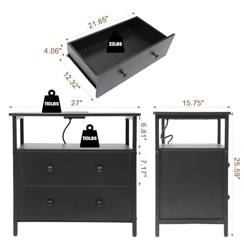 Edbuosy 27" Wide Nightstand with Charging Station & 2 Drawer, Black | Small Dresser for Closet, 2 AC Outlets & 2 USB Ports, Open Shelf, Adjustable Feet, Wood Nightstand for Living Room or Bedroom - color: Black, size: 2 Drawer