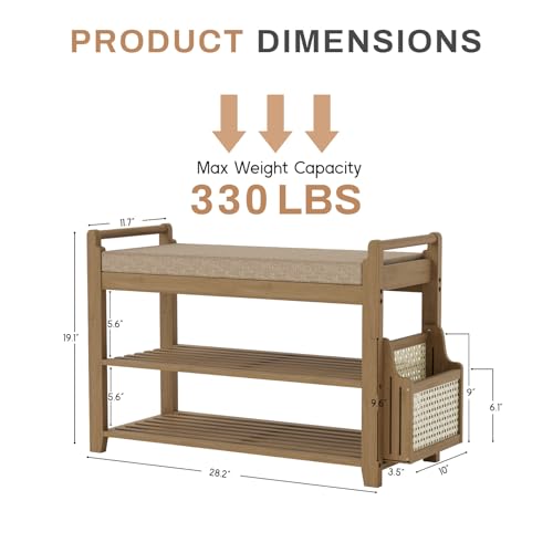 Homaxy 2-Tier Shoe Rack Bench, 28.2 in, Walnut and Light Brown | Bamboo Entryway Bench, with Side Holder, Shoe Rack Organizer with Cushion for Front Entrance, Hallway Living Room Bedroom - color: Walnut and Light Brown, size: 28.2 in