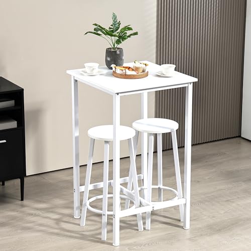 Finnhomy Bar Table Set, 23.6" Pub Table High Top Table, Square Bar Height Table, Bar Table with Stools, Kitchen Table Set for 2, Industrial Breakfast for Kitchen, Living Room, White - color: White, size: Bar Table+2Stools