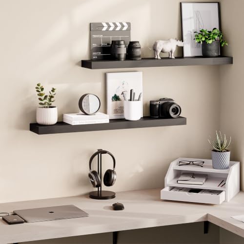 Ballucci Floating Shelves, 36" Wood Wall Shelf Set of 2, with Invisible Brackets for Bathroom, Living Room, Bedroom, Kitchen, Nursery, 6" Deep, Black - color: Black, size: 35.4 inches