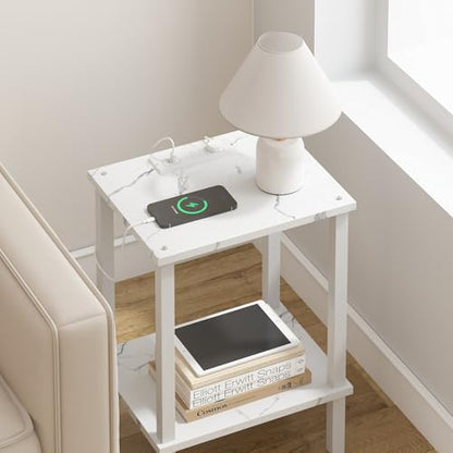 TUTOTAK End Table with Charging Station, Side Table Set of 2, Nightstand | 2-Tier Storage Shelf, Bedside Table with USB Ports, Sofa Table for Small Space, Livingroom, Bedroom Marble White TB01BMW041 - color: Marble White