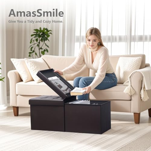 AmasSmile Footrest Ottoman Storage Bench,34" Leather Folding Chest,Brown | Large Ottoman with Storage,Thicker Foam Padded Seat,Livingroom,Dorm,Bedroom,Entryway,Easy to install,34 x 13 x 13in - color: Brown-leather
