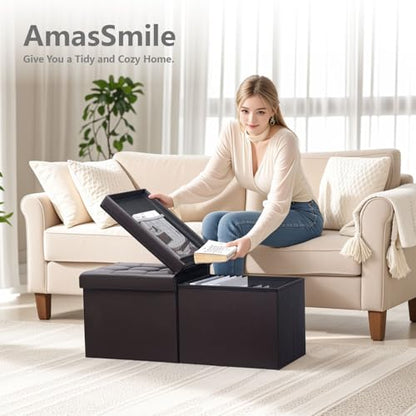 AmasSmile Footrest Ottoman Storage Bench,34" Leather Folding Chest,Brown | Large Ottoman with Storage,Thicker Foam Padded Seat,Livingroom,Dorm,Bedroom,Entryway,Easy to install,34 x 13 x 13in - color: Brown-leather