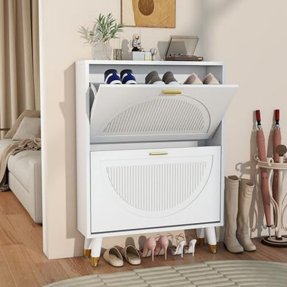 Shoe Cabinet Storage for Entryway: 24" White Slim Shoe Storage Cabinet with 2 Flip Drawers, Narrow Hidden Shoes Storage, Wood Shoes Organizer Cabinets for Hallway (1, 2-Drawers) - size: 2-Drawers