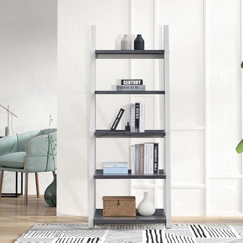 5-Tier Shelves,Bookshelf, Storage Rack, Bookcase with Rubber Wood Frame, Ladder Shelf for Living Room, Home Office, Kitchen, Bedroom, Apartmen (Grey+White 5-Tier)