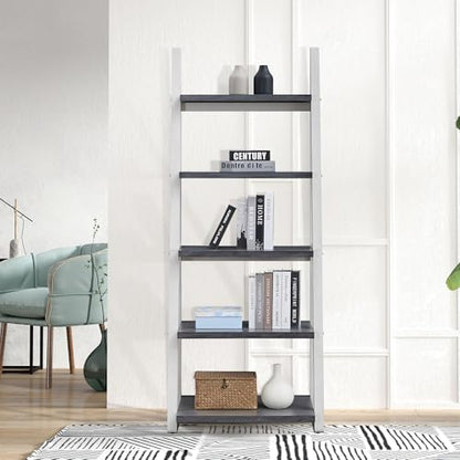 5-Tier Shelves,Bookshelf, Storage Rack, Bookcase with Rubber Wood Frame, Ladder Shelf for Living Room, Home Office, Kitchen, Bedroom, Apartmen (Grey+White 5-Tier)