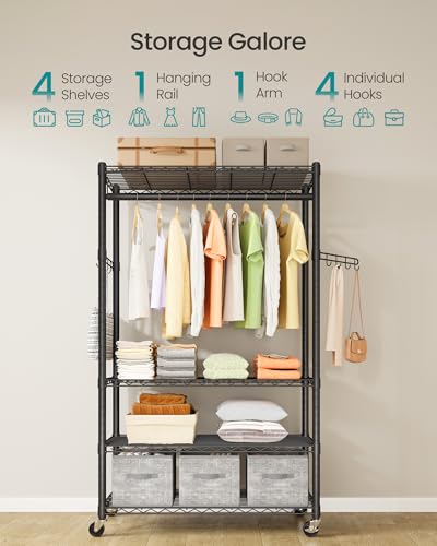 SONGMICS Heavy-Duty Rolling Clothes Rack, Garment Rack, Portable Closet on Wheels, with Adjustable Mesh Shelves and Hanging Rails, Hooks, 15.8 x 35.4 x 78.3 Inches, Ink Black ULGR418BH01 - size: 35.4"W-With Storage Shelves