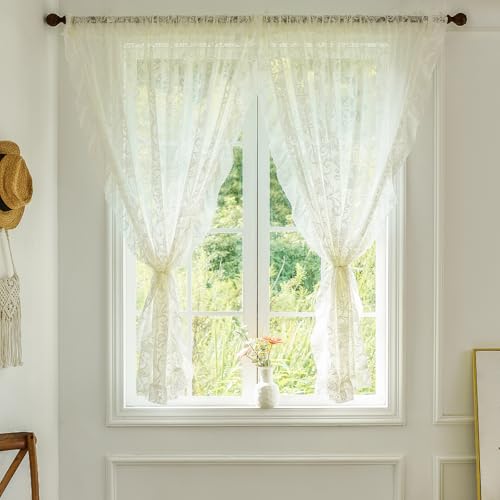 TUDECO Short Lace Curtains 45 Inch Length - Vintage Sheer Floral Ruffle Lace Kitchen Curtains for Window Privacy Rod Pocket Light Filtering Nursery Bathroom Decor, 59" W x 45" L (Pack of 2), Ivory