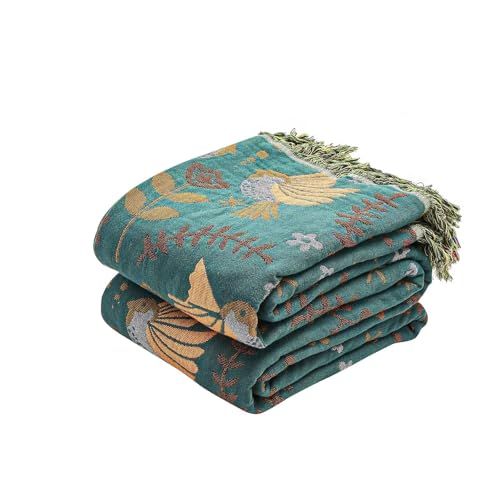 XIBLC Boho Throw Blanket, 100% Cotton Ultra Soft Luxury Throw Rustic Quilt, 50"x60" Floral Printed Farmhouse Decor Bed Summer Blankets, All Season Reversible Bohemian Throw for Bed - color: Spring Bird Blue, size: 50x60 Inch
