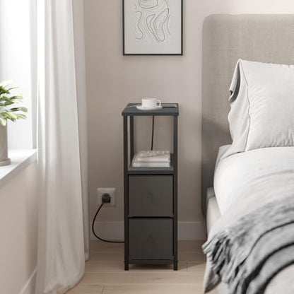 TUTOTAK Narrow End Table with Charging Station, Skinny Side Table | Bedside Table with Outlets, Nightstand with 2 Cloth Drawers, Couch Table for Living Room, Bedroom, Black TB01BK055 - color: Black, style: 2 Drawers & Plug