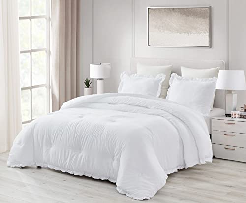 Chezmoi Collection Nora White Comforter Set Full Size 3-Piece Fluffy Soft Stone-Washed Ruffled Shabby Chic Bedding for All Season - color: White, Ruffled Edge, size: Full