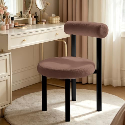 Cute Small Armless Desk Chair, Ergonomic Comfy Vanity Chairs Lumbar Support with Back for Makeup, Teddy Fabric Computer Desk Chair for Home, Bedroom, Vanity, Teens, Adults - color: Brown