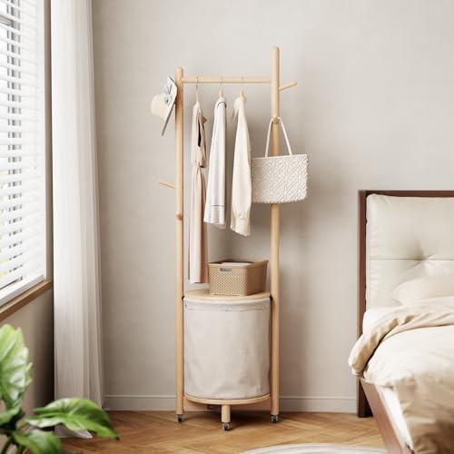 CycleCrew Solid Wood Coat Rack with Fabric Basket - Freestanding Coat Rack Rolling Coat Tree with 9 Hooks Wheels, Small Clothes Rack For Entryway Bedroom Hallway Living Room - color: Natural