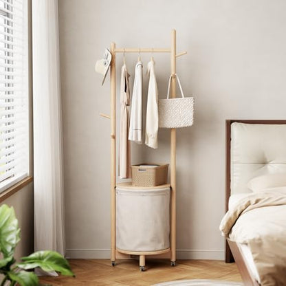 CycleCrew Solid Wood Coat Rack with Fabric Basket - Freestanding Coat Rack Rolling Coat Tree with 9 Hooks Wheels, Small Clothes Rack For Entryway Bedroom Hallway Living Room - color: Natural