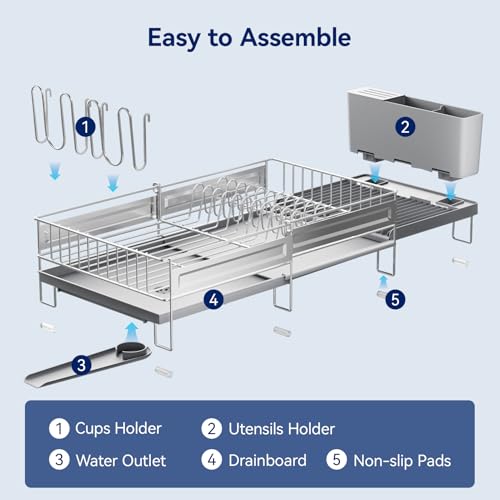 Stainless Steel Dish Drying Rack - Expandable Dish Racks for Kitchen Counter Organizer with Drain Board, Detachable Utensil & Cup Holder, Dish Drainer for Small Kitchen Counter, Grey - color: Gray