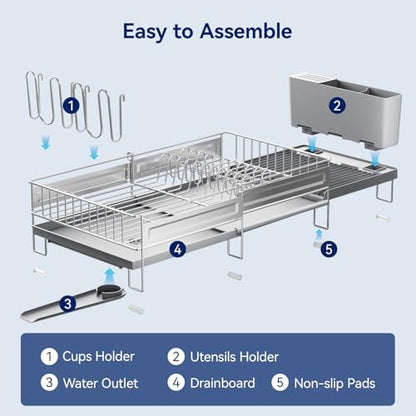 Stainless Steel Dish Drying Rack - Expandable Dish Racks for Kitchen Counter Organizer with Drain Board, Detachable Utensil & Cup Holder, Dish Drainer for Small Kitchen Counter, Grey - color: Gray