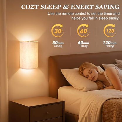 OCATO Battery Operated Wall Sconce Wireless Wall Sconces Set of Two | Rechargeable Magnetic Bulb Wall Lights Lamp Dimmable Timer with 16 RGB Fabric Linen Shade with Remote for Bedroom Living Room - color: Off-White