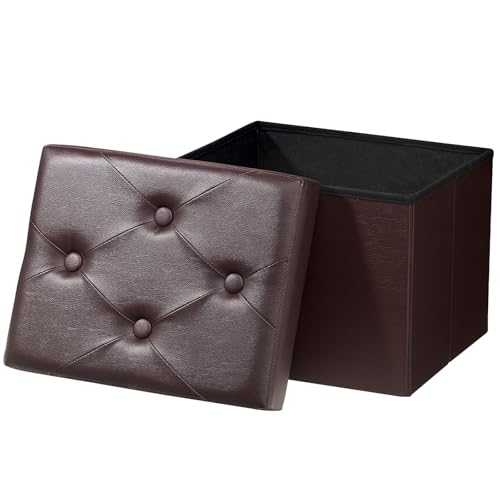 Ottoman with Storage Foot Stool, 17 Inches Folding Storage Ottomans, Leather Upholstered Ottoman Foot Rest with Side Pockets, Suitable for Living Room, Bedroom, Cafe (Brown Rhombus) - size: 17"D x 12.5"W x 12.5"H