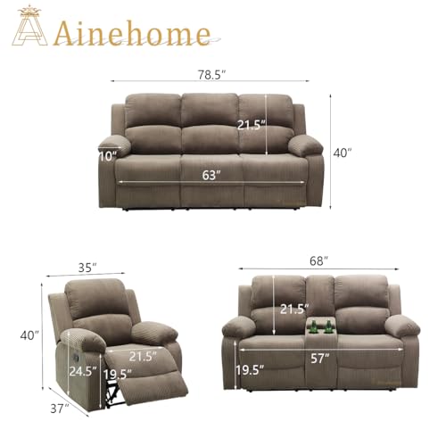 A Ainehome Manual Recliner Sofa Set with Storage, 3 Pieces Living Room Furniture Sets, Corduroy Sofa Sets Reclining Couch Loveseat and Chair Furniture Set for Living Room/Rv/House/Office, Taupe - color: A-taupe Corduroy, size: 3 piece set