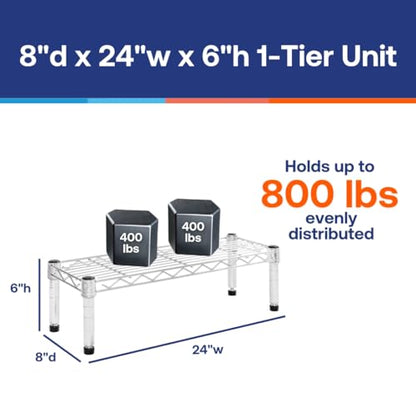 Shelving Inc. 8" d x 24" w Chrome Wire Shelving with 1 Tier Shelf | Weight Capacity 800lbs Per Shelf, Durable Kitchen and Garage Storage Shelves, Adjustable Shelf Organizer Storage Rack - size: 8" d x 24" w x 6" h