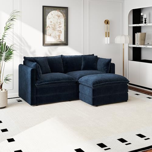 Aoowow Modular Sectional Sofa Modern Convertible Loveseat Couch,77.16 Inch Deep 2-Seater Sofas Comfy Chenille Cloud Sofas and Couches Set with Movable Ottoman for Living Room Apartment（Blue） - color: Blue, size: 2 Seat + Ottoman