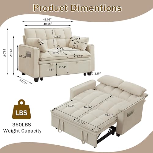 Convertible Sofa Bed, Loveseat Sleeper Sofa with Pull Out Bed and Adjustable Backrest, 3-in-1 Futon Couch for Living Room, Bedroom, Apartment, Beige - color: Beige, size: Pull Out Sofa Bed