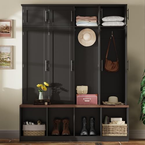 JIVOIT 75" H Farmhouse Hall Tree with Storage, Versatile 4-in-1 Coat Hanger with 4 Hidden Hanging Hooks, 8 Doors, Entryway Shoe Cabinet with Open Compartments for Living Room (Black//23) - color: Black//23