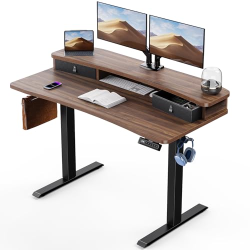 HUANUO 48″ x 24″ Electric Standing Desk with 2 Drawers, C-Clamp Mount Compatible, Height Adjustable Computer Desk, Home Office Stand Up Desk with 4 Preset Heights & 2 Hooks, Walnut - color: Walnut, size: 48" X 24"