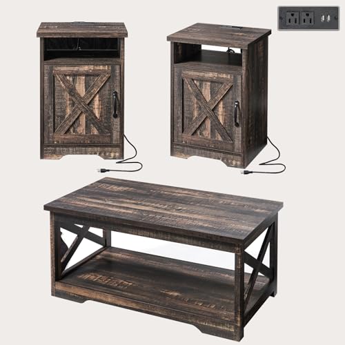 AMERLIFE 3 Piece Farmhouse Living Room Coffee Table Set, Dark Oak | Coffee Table & 2 End Tables with Charging Station and USB Ports, Farmhouse Style, Barn Door Design, Living Room Furniture - color: Dark Oak
