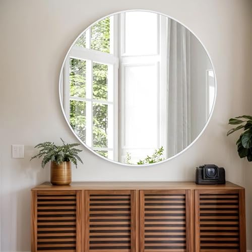 Tanmicoshomy 36 inch Large Round Bathroom Mirror for Wall Decor | White Framed , Wall-Mounted , Vanity, Tempered Glass, Circle Mirrors for Bedroom ,Living Room - color: White, size: 36"L x 36"W