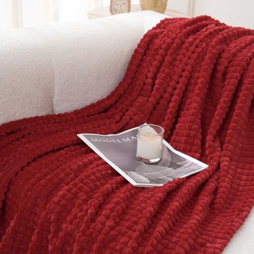 Puncuntex Fleece Throw Blanket Red 50"×60" with Square Grid Design | Super Soft Plush Cozy Flannel Throw Blanket Luxury for Couch Sofa Chair - color: Red, size: 50"×60"