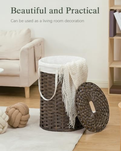 SETVSON Laundry Hamper with Lid, 19.0 Gal (72 L) Round PE Rattan, Brown | 72L Woven Hamper with Lid, Removable Washable Liner Bag, 2 Mesh Laundry Bags, Strong Steel Frame, Foldable Long Handles - color: Brown, size: 72 L