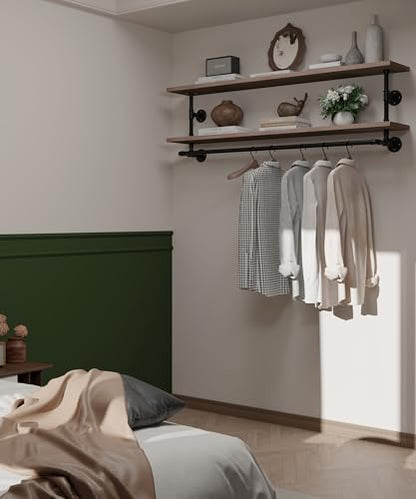 Clothes Rack 60in, 2-Tier Wall Mounted Garment Rack with Real Wood Shelf, Heavy Duty Hanging Clothes Rack, Multi-Purpose Hanging Rod, Space-Saving Closet Storage - color: Brown, size: 2T60IN
