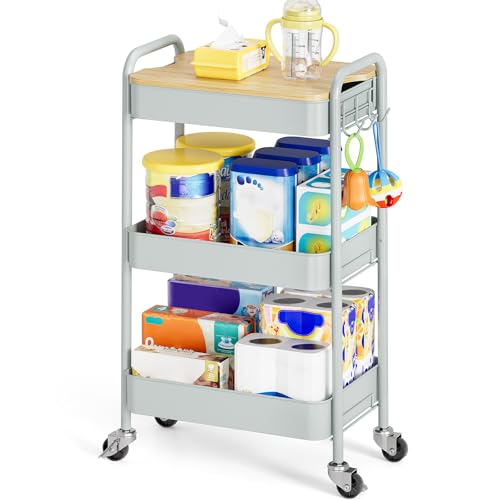TOOLF 3 Tier Rolling Cart, Metal Utility Storage Cart with Wheels, Green | Wooden Tabletop, 3 Hooks, Screwless Assembly, Lockable Wheels, Organizer for Bathroom, Kitchen, Office, Dorm, Craft Room - color: Green