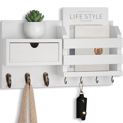 Lwenki Wall Mount Key Holder with Mail Organizer, 100% Paulownia Wood, 7 Metal Hooks, Storage Drawer, Entryway Home Decor (White) - color: White