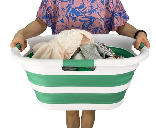 SAMMART 40L (10.5 gallon) Collapsible Plastic Laundry Hamper - Foldable Pop Up Storage Container/Organizer - Portable Washing Tub - Space Saving Basket (1, White/Winter Green) - color: White/Winter Green