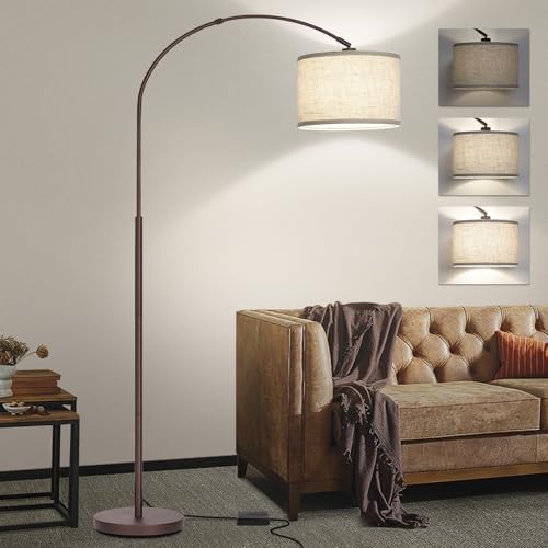 Dimmable Floor Lamp, Arc Floor Lamps with Adjustable Hanging Shade，Brown | Farmhouse Standing Lamp, Tall Pole Reading Light, Mid Century Lamp for Living Room, Bedroom, Over Couch, 9W LED Bulb Included - color: Brown