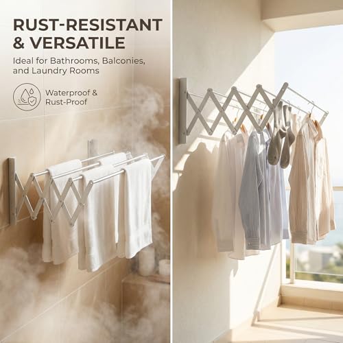 HILLHOUSE Wall Mount Drying Rack for Laundry Room - Collapsible Accordion Clothes Dryer, Extendable Aluminum Clothes Rack, Space Saving Laundry Drying Rack Wall Mounted for Bathroom & Balcony
